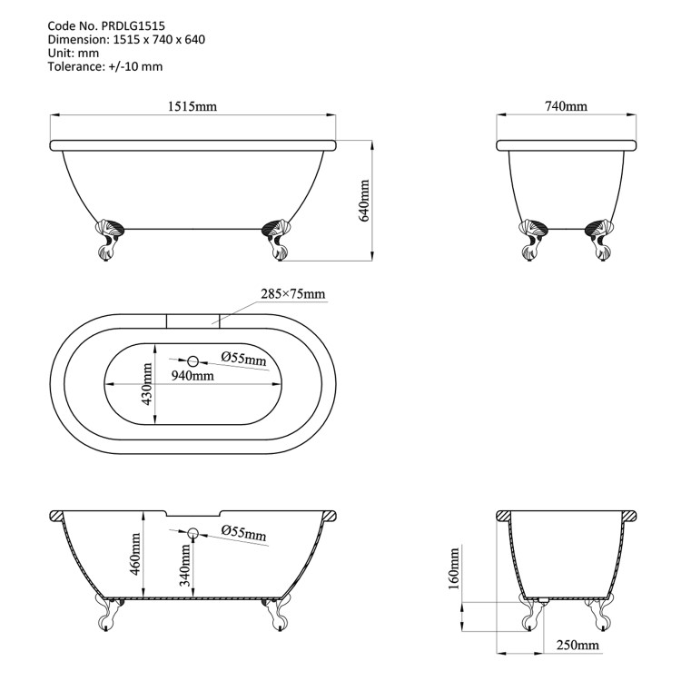 Grade A2 - Freestanding Dark Green  Double Ended Roll Top Bath with Brass Feet 1515 x 740mm - Park Royal