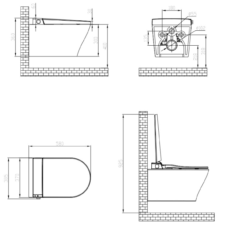 Wall Hung Smart Bidet Japanese Toilet with Heated Seat & 1160mm Frame Cistern and Black Pneumatic Flush Plate - Purificare