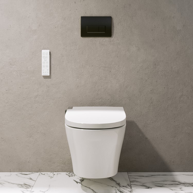 Wall Hung Smart Bidet Japanese Toilet with Heated Seat & 1160mm Frame Cistern and Black Pneumatic Flush Plate - Purificare