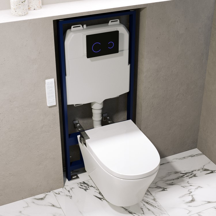 Wall Hung Smart Bidet Japanese Toilet with Heated Seat & 1160mm Frame Cistern and Black Sensor Flush Plate - Purificare