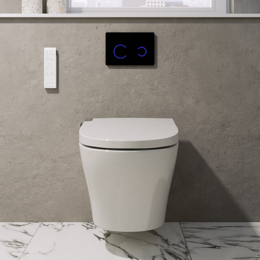 Wall Hung Smart Bidet Japanese Toilet with Heated Seat & 820mm Frame Cistern and Black Sensor Flush Plate - Purificare