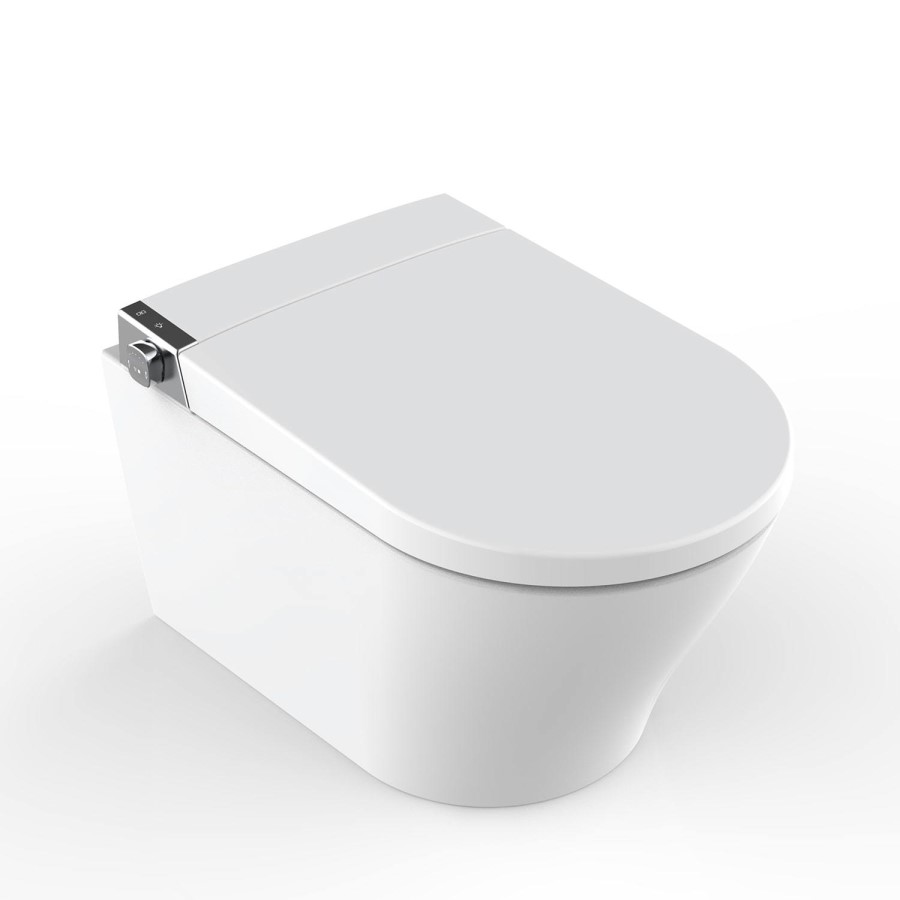 Wall Hung Smart Bidet Japanese Toilet with Heated Seat & 820mm Frame Cistern and Black Sensor Flush Plate - Purificare