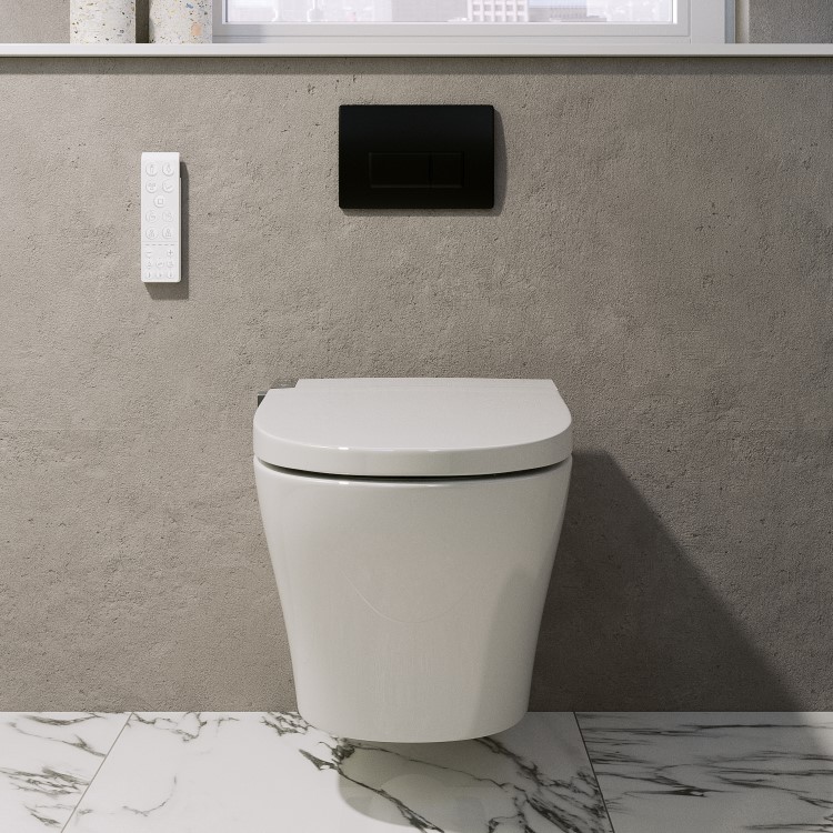 Wall Hung Smart Bidet Japanese Toilet with Heated Seat & 820mm Frame Cistern and Black Pneumatic Flush Plate - Purificare