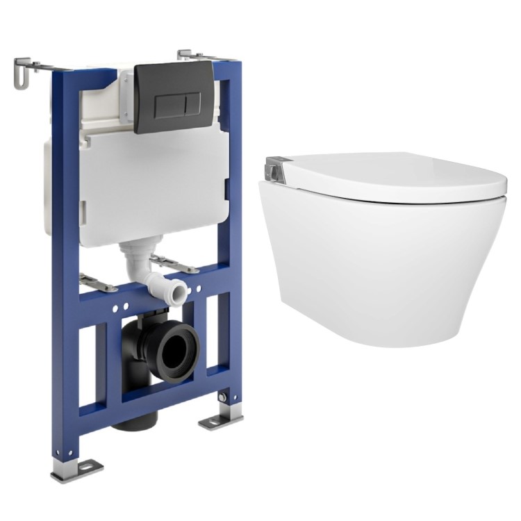 Wall Hung Smart Bidet Japanese Toilet with Heated Seat & 820mm Frame Cistern and Black Pneumatic Flush Plate - Purificare