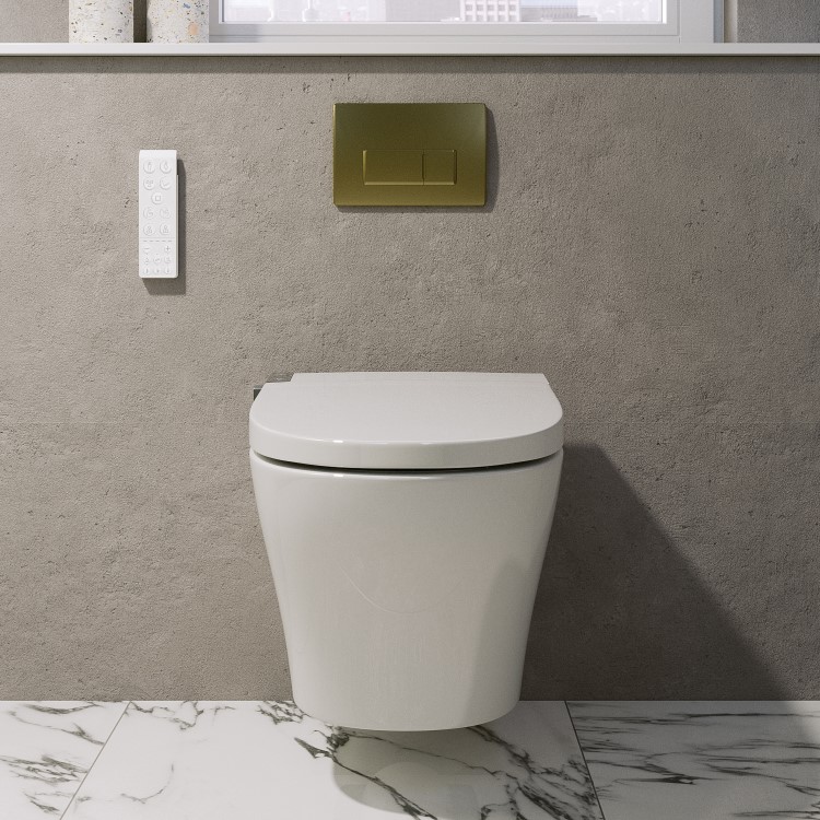 Wall Hung Smart Bidet Japanese Toilet with Heated Seat & 820mm Frame Cistern and Brass Pneumatic Flush Plate - Purificare