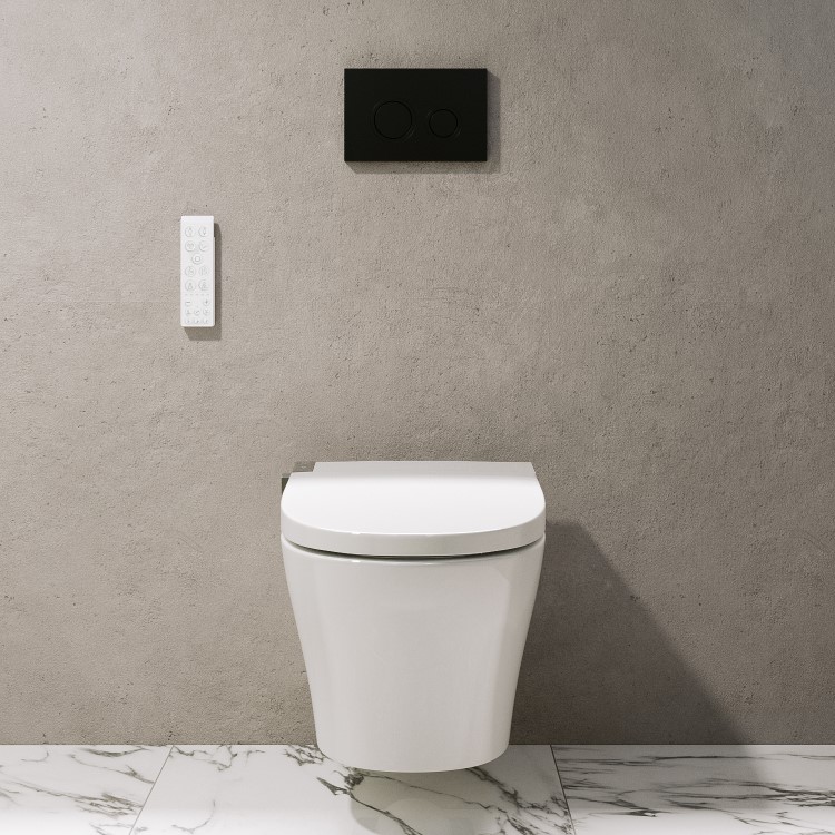 Wall Hung Smart Bidet Japanese Toilet with Heated Seat & 1160mm Frame Cistern and Black Pneumatic Flush Plate - Purificare