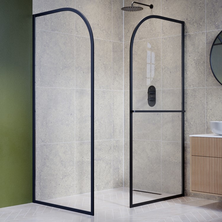 1400x900mm Black Curved Glass Wet Room Shower Screen Enclosure with Towel Rail- Raya