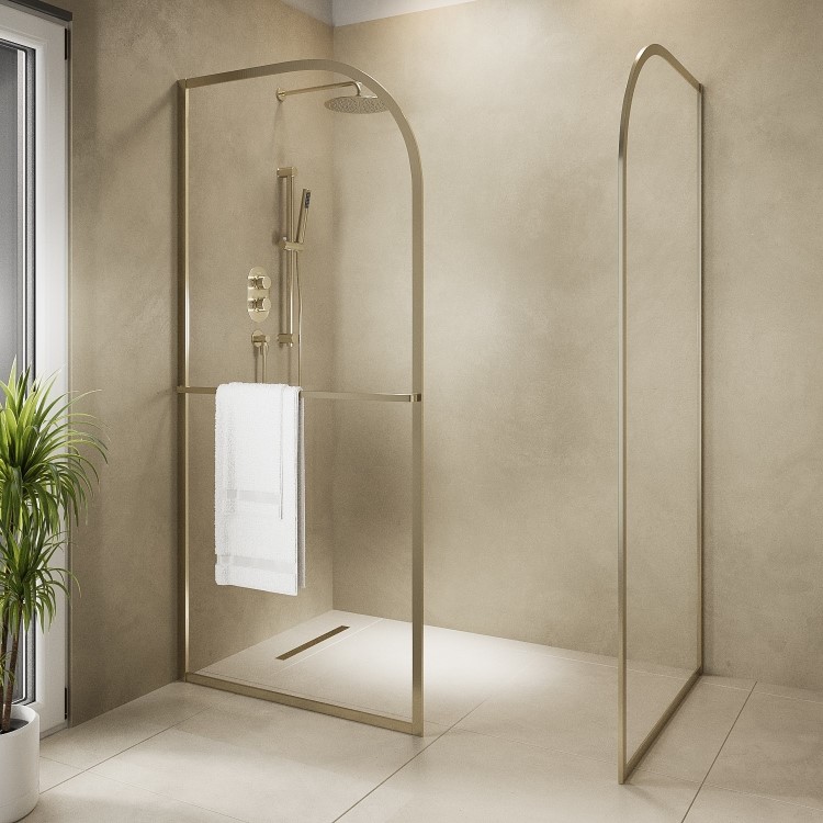 1400x900mm Brushed Brass Curved Glass Wet Room Shower Screen Enclosure with Towel Rail- Raya