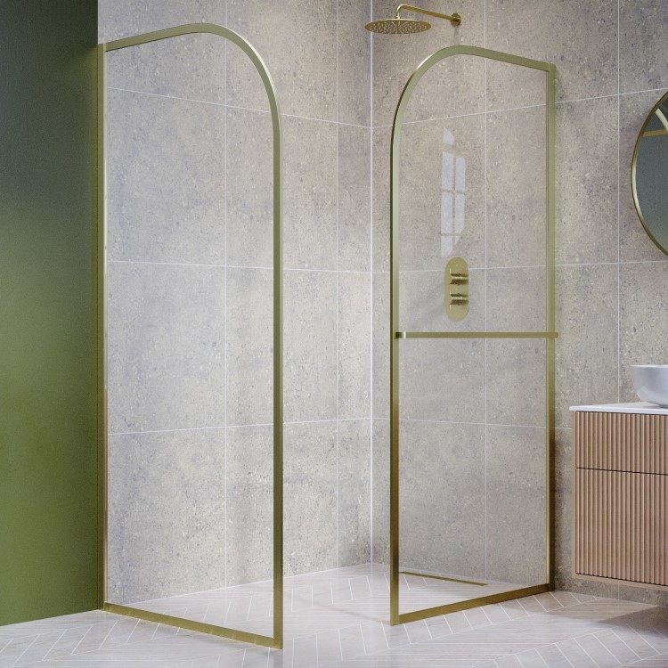 1400x900mm Brushed Brass Curved Glass Wet Room Shower Screen Enclosure with Towel Rail- Raya