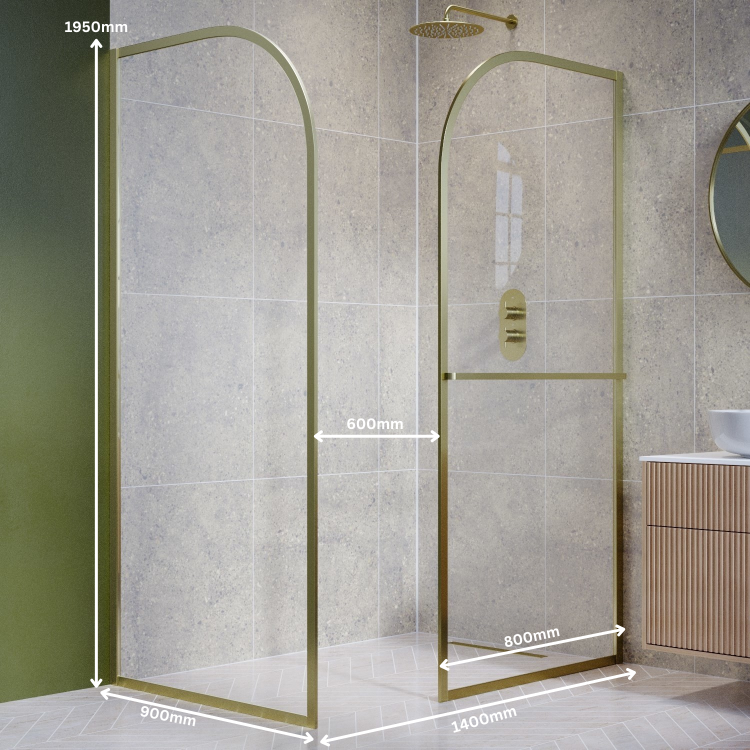 1400x900mm Brushed Brass Curved Glass Wet Room Shower Screen Enclosure with Towel Rail- Raya