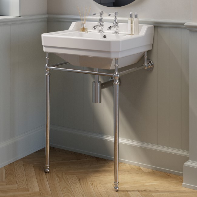 Traditional 2 Tap Hole Basin with Chrome Wash Stand 570mm - Ripley