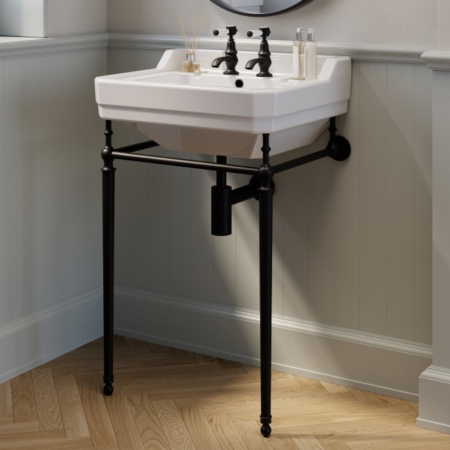 Traditional 2 Tap Hole Basin with Black Wash Stand 570mm - Ripley