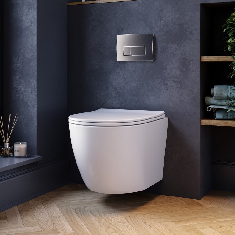 White Wall Hung Toilet with Soft Close Seat, Chrome Pneumatic Flush Plate, 820mm Frame & Cistern - Roma