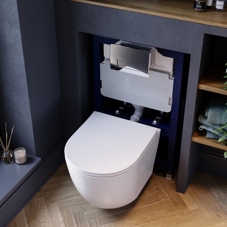 White Wall Hung Toilet with Soft Close Seat, Chrome Pneumatic Flush Plate, 820mm Frame & Cistern - Roma