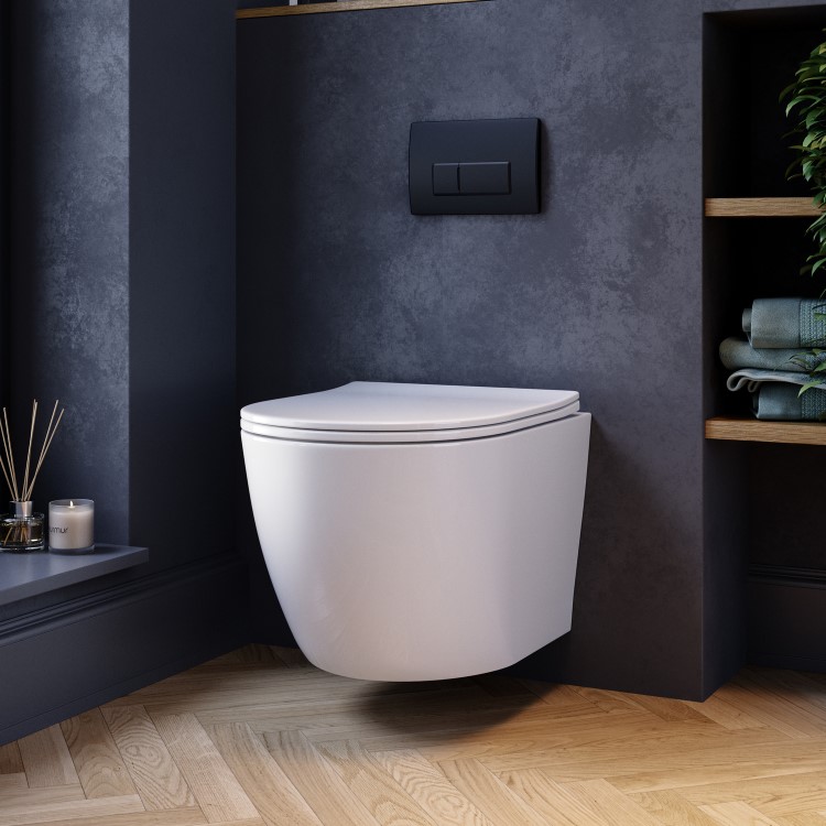 White Wall Hung Toilet with Soft Close Seat, Black Pneumatic Flush Plate, 820mm Frame & Cistern - Roma