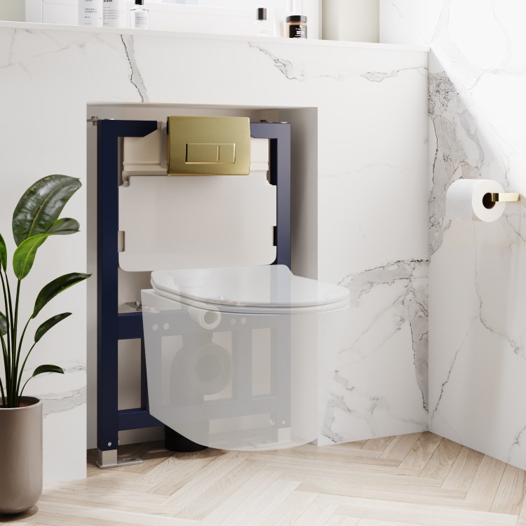 White Wall Hung Toilet with Soft Close Seat, Brushed Brass Pneumatic Flush Plate, 820mm Frame & Cistern - Roma