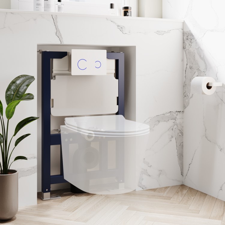 White Wall Hung Toilet with Soft Close Seat, White Glass Sensor Pneumatic Flush Plate, 820mm Frame & Cistern - Roma