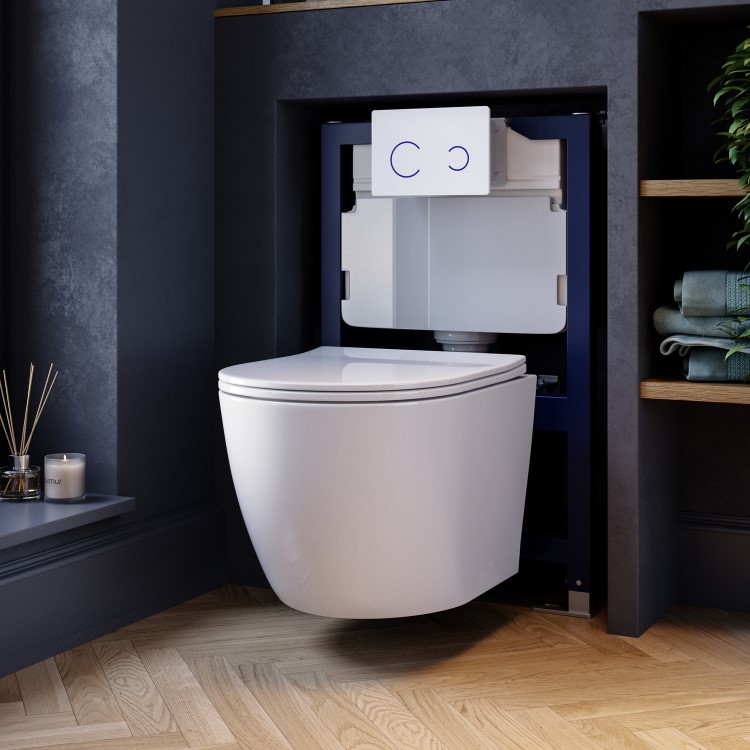 White Wall Hung Toilet with Soft Close Seat, White Glass Sensor Pneumatic Flush Plate, 820mm Frame & Cistern - Roma