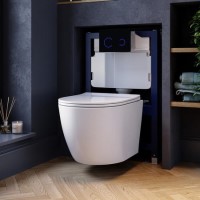 White Wall Hung Toilet with Soft Close Seat, Black Glass Sensor Pneumatic Flush Plate, 820mm Frame & Cistern - Roma