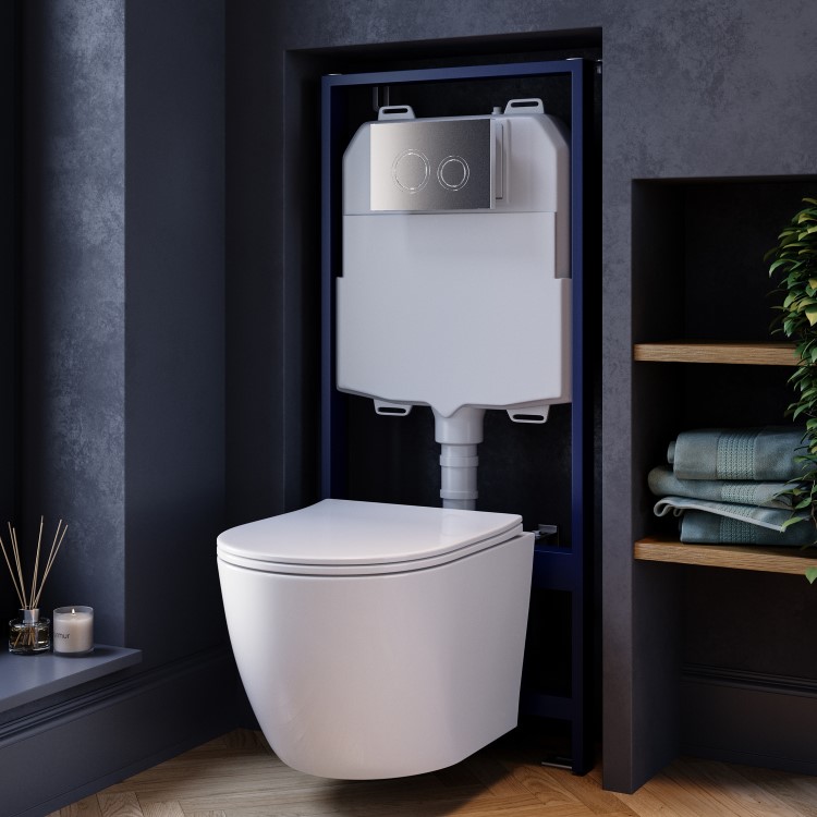 White Wall Hung Toilet with Soft Close Seat, Chrome Mechanical Flush Plate with 1160mm Frame & Cistern - Roma