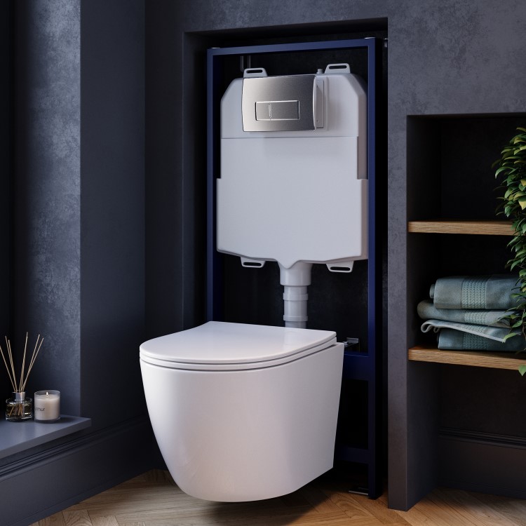 White Wall Hung Toilet with Soft Close Seat, Chrome Pneumatic Flush Plate, 1170mm Frame & Cistern - Roma