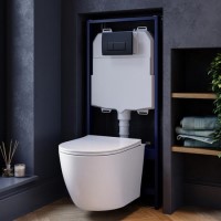 White Wall Hung Toilet with Close Seat, Black Pneumatic Flush Plate, 1170mm Frame & Cistern - Roma