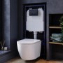 White Wall Hung Toilet with Close Seat, Black Pneumatic Flush Plate, 1170mm Frame & Cistern - Roma