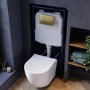 White Wall Hung Toilet with Soft Close Seat, Brushed Brass Pneumatic Flush Plate, 1170mm Frame & Cistern - Roma