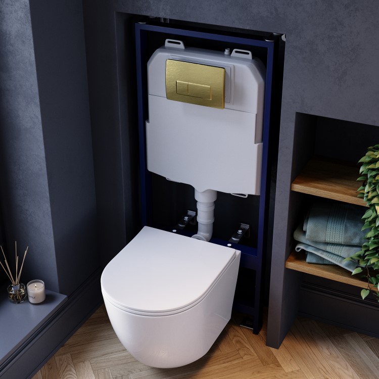 White Wall Hung Toilet with Soft Close Seat, Brushed Brass Pneumatic Flush Plate, 1170mm Frame & Cistern - Roma