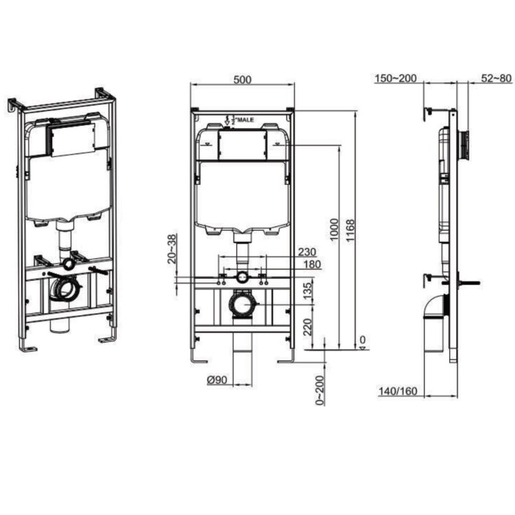 White Wall Hung Toilet with Soft Close Seat, Chrome Pneumatic Flush Plate, 1170mm Frame & Cistern - Roma