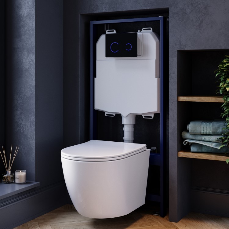 White Wall Hung Toilet with Soft Close Seat, Black Glass Sensor Pneumatic Flush Plate, 1170mm Frame & Cistern - Roma