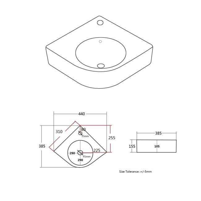 White Wall Hung Corner Basin 440mm - Theo