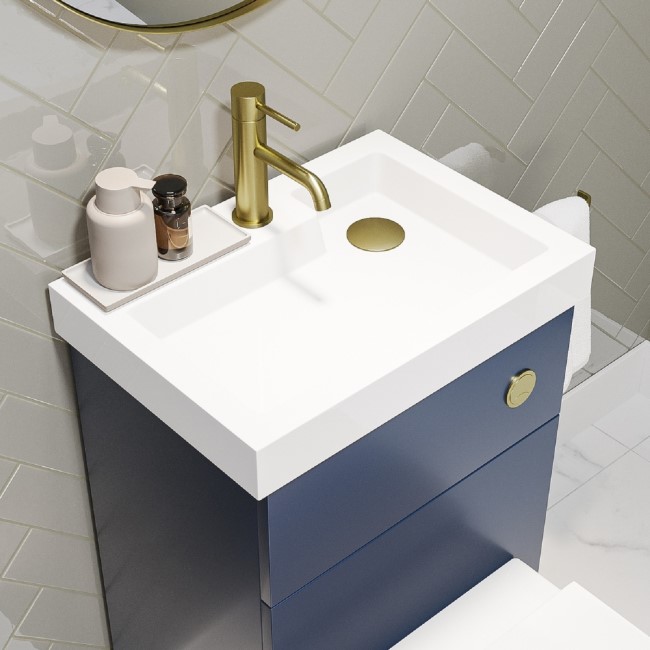 500mm Blue Cloakroom Toilet and Sink Unit with Square Toilet and Brushed Brass Fittings - Valetta