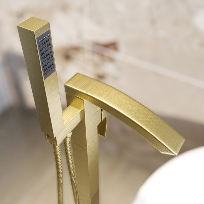 Brushed Brass Freestanding Bath Shower Mixer Tap - Wave