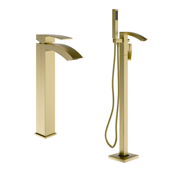 Brushed Brass Waterfall Tall Basin Mixer Tap & Freestanding Tap Pack - Wave