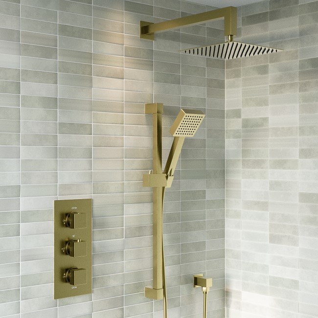 Brushed Brass Dual Outlet Wall Mounted Thermostatic Mixer Shower Set with Hand Shower - Zana