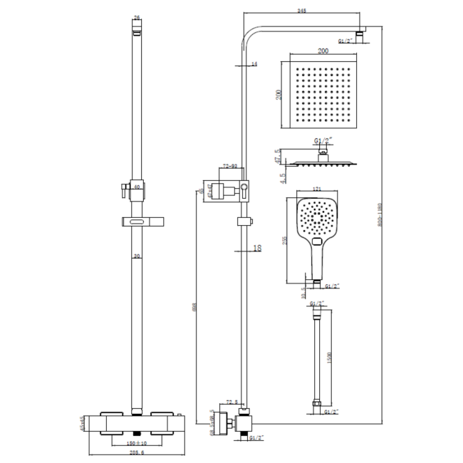 Gunmetal Grey Thermostatic Mixer Shower Set with Square Overhead & Hand Shower - Zana