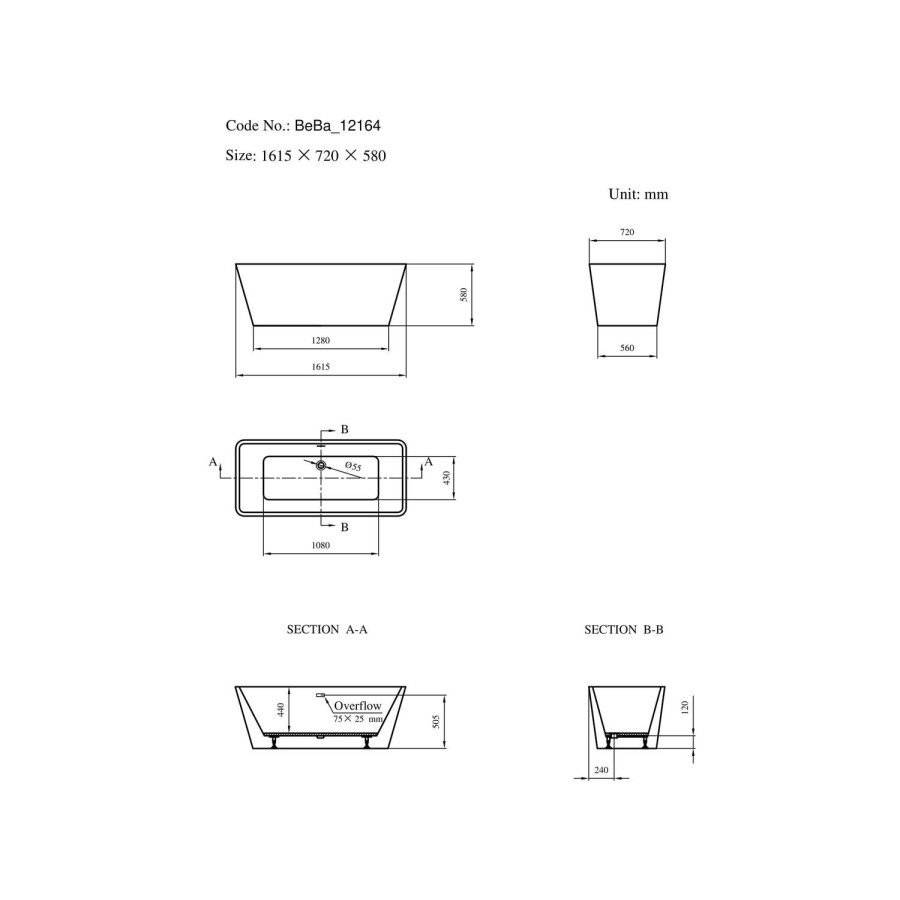 Freestanding Double Ended Bath 1615 x 720mm - Porto