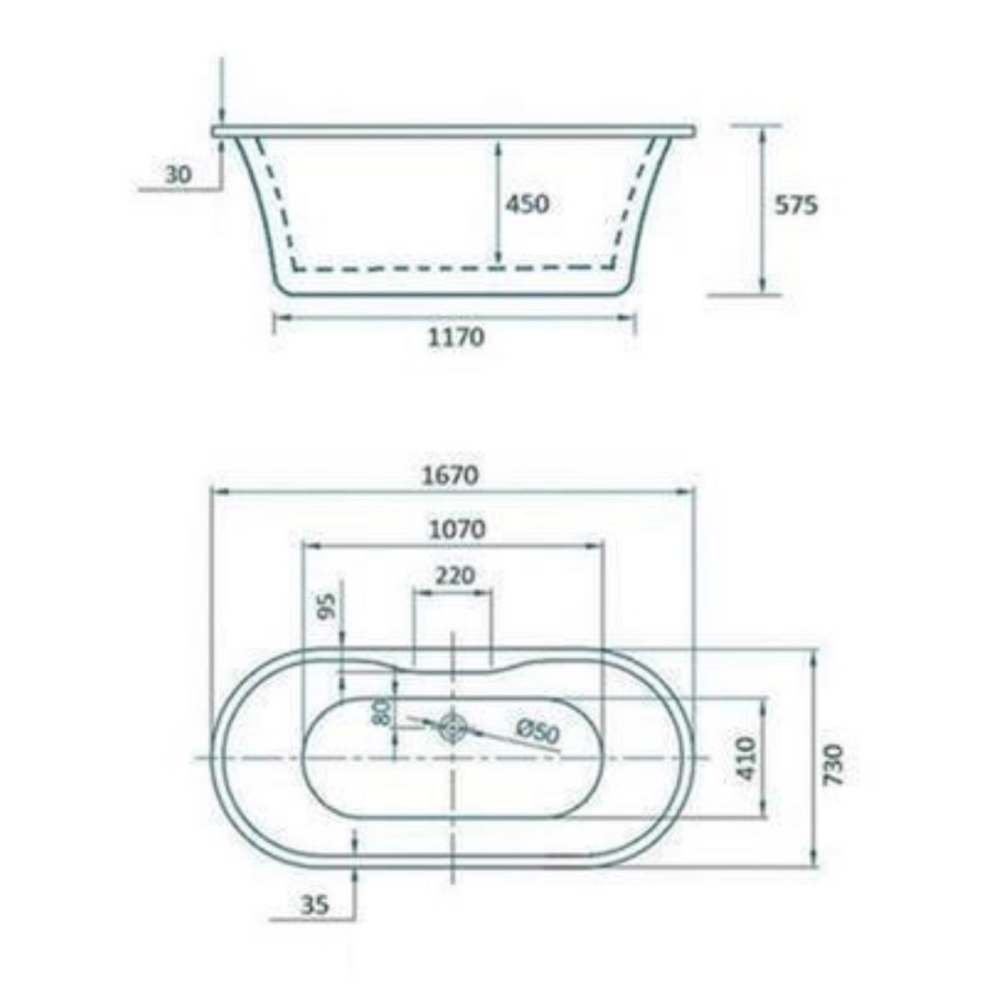 Freestanding Double Ended Bath 1670 x 730mm - Venice