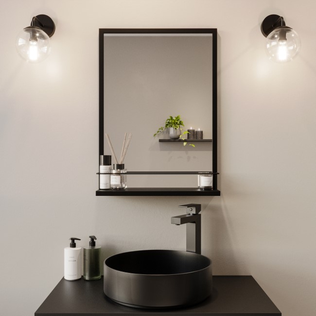 Rectangular Black Bathroom Mirror with Shelf - 500 x 700mm - Iona