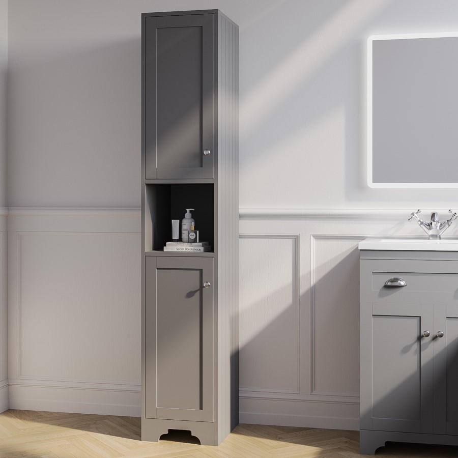 Double Door Grey Freestanding Tall Bathroom Cabinet 350 x 1884mm- Baxenden