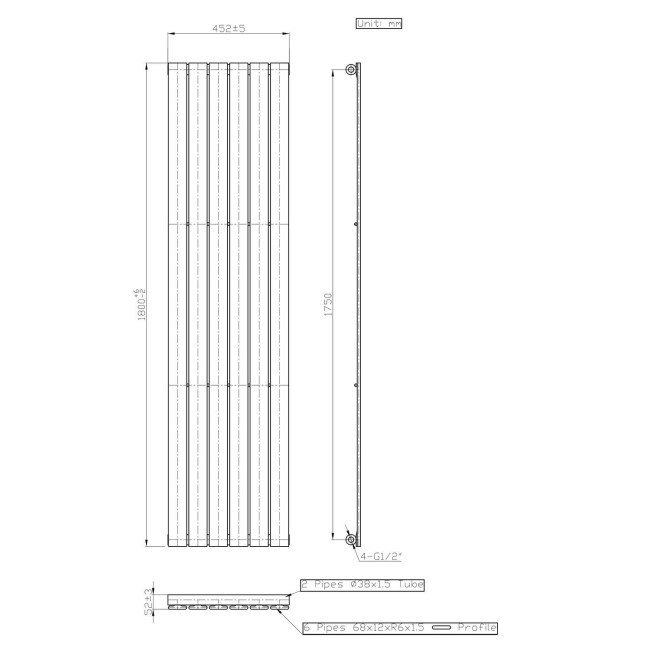 Chrome Vertical Single Panel Radiator 1800 x 452mm - Mojave