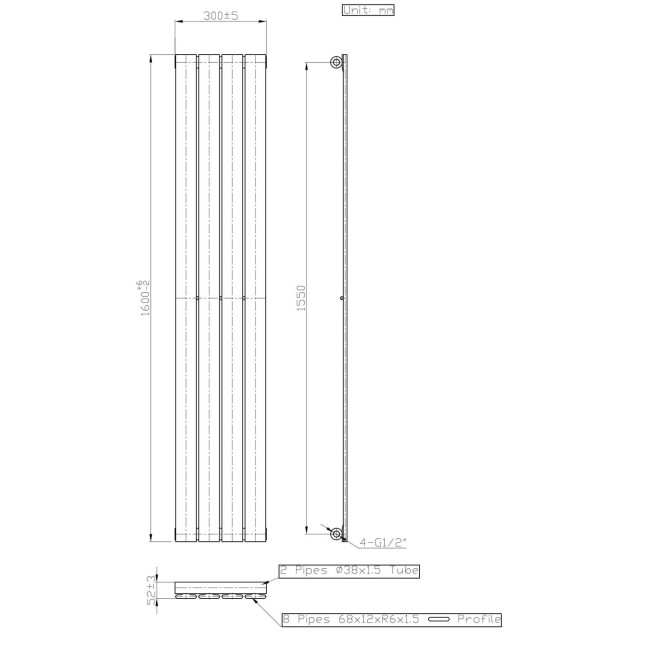 Anthracite Vertical Single Panel Radiator 1600 x 300mm - Mojave