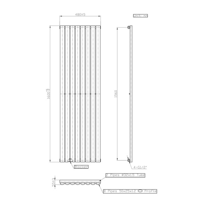 White Vertical Single Panel Radiator 1600 x 480mm - Margo