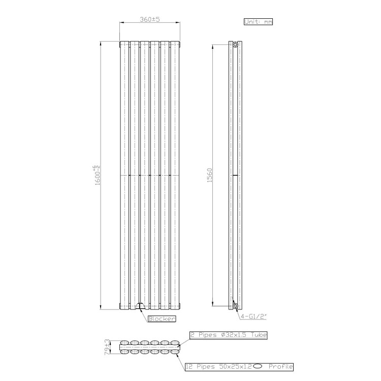 Anthracite Vertical Double Panel Radiator 1600 x 360mm - Margo