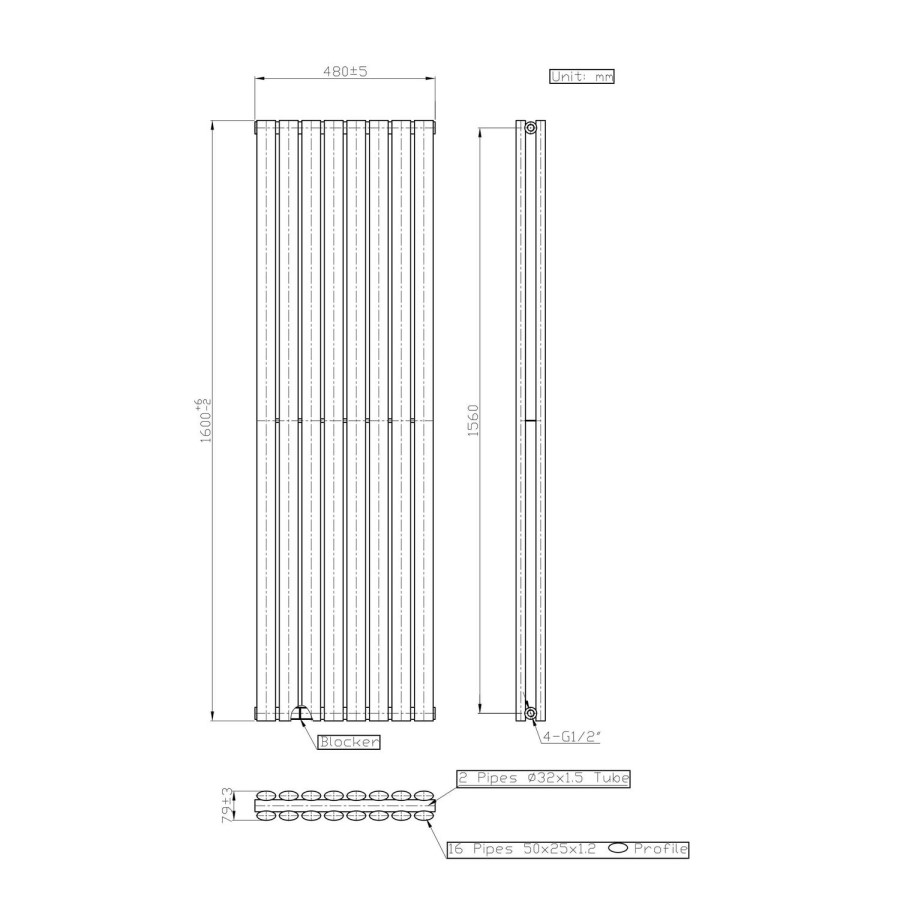 GRADE A1 - Margo Anthracite Double Panel Vertical Radiator - 1600 x 480mm