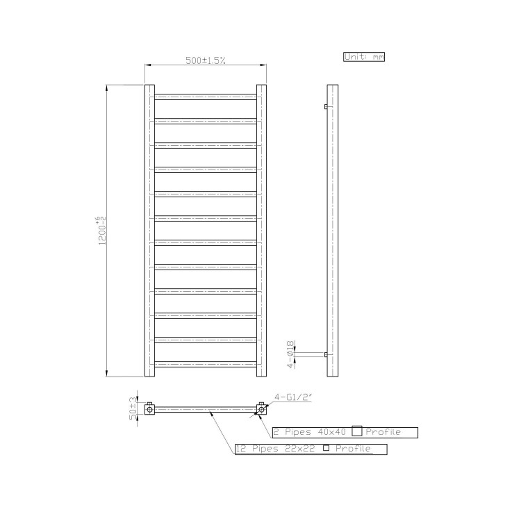 Black Towel Radiator 1200 x 500mm - Sonoran