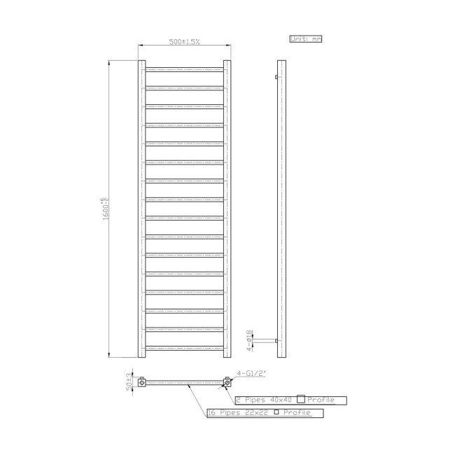 Black Towel Radiator 1600 x 500mm - Sonoran