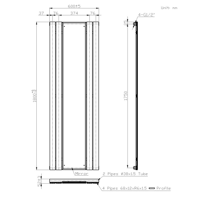 White Vertical Single Panel Radiator with Mirror 1800 x 600mm - Tanami