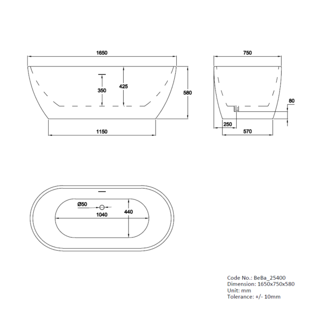 Matt White Freestanding Double Ended Bath 1645 x 745mm - Lisbon